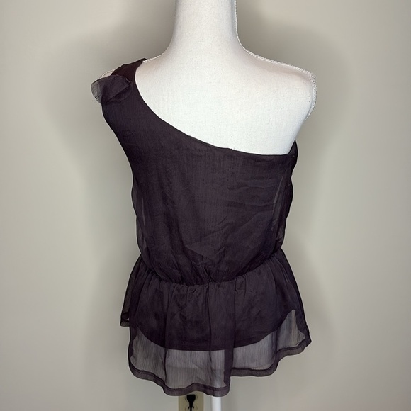 Papaya Purple Plum Asymmetrical One Shoulder Romantic Ruffled Blouse. Small - Picture 3 of 9